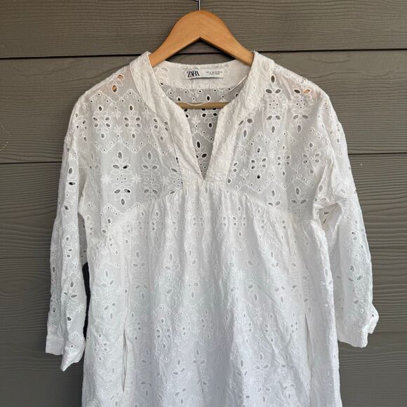 Zara open work embroidered eyelet white dress - Picture 3 of 7